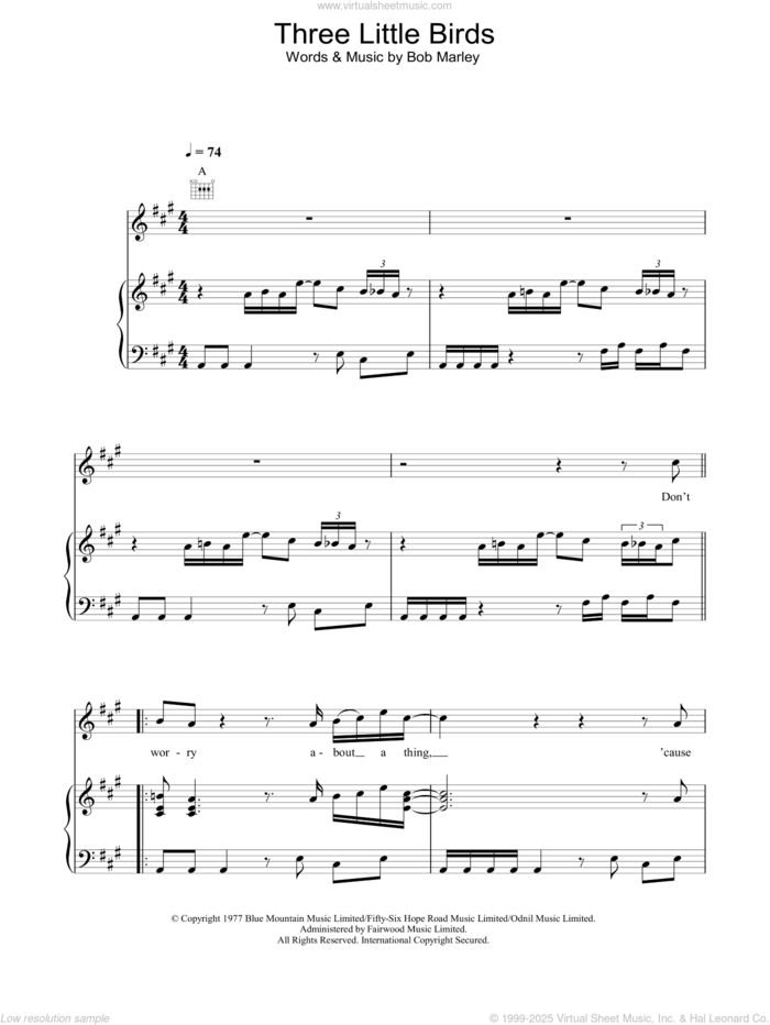 Three Little Birds sheet music for voice, piano or guitar by Bob Marley, intermediate skill level