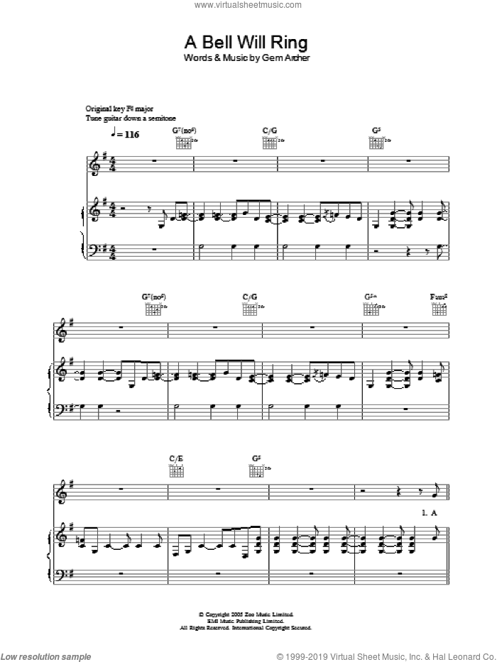 A Bell Will Ring sheet music for voice, piano or guitar by Oasis and Gem Archer, intermediate skill level