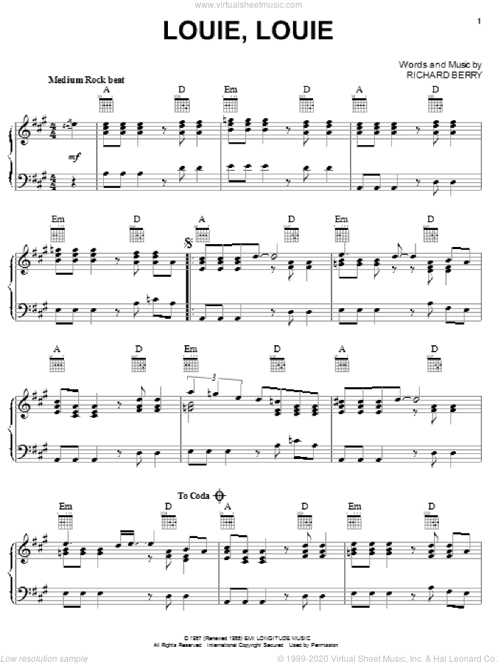 Louie, Louie, (intermediate) sheet music for piano solo by The Kingsmen and Richard Berry, intermediate skill level