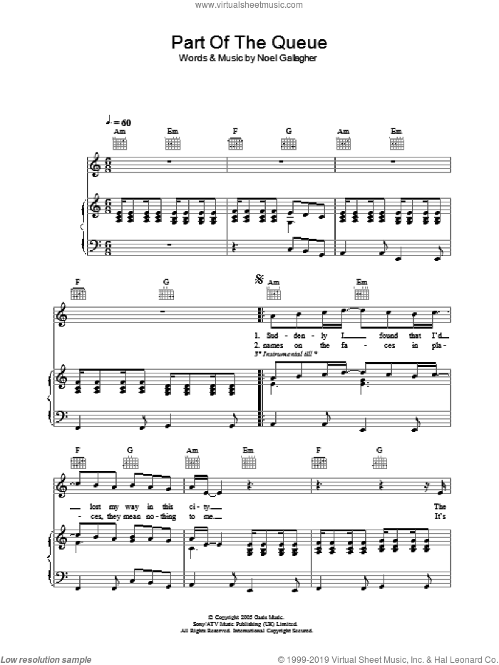 Part Of The Queue sheet music for voice, piano or guitar by Oasis and Noel Gallagher, intermediate skill level
