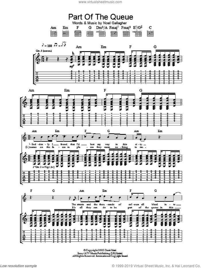 Part Of The Queue sheet music for guitar (tablature) by Oasis and Noel Gallagher, intermediate skill level