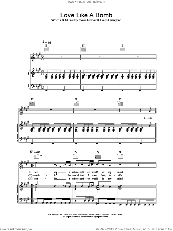 Love Like A Bomb sheet music for voice, piano or guitar by Oasis, Gem Archer and Liam Gallagher, intermediate skill level