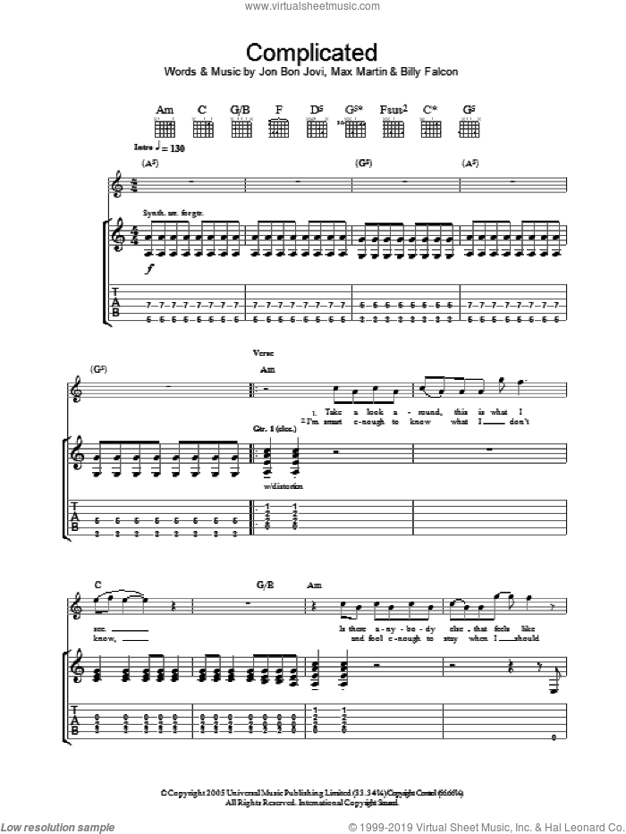 Complicated sheet music for guitar (tablature) by Bon Jovi, Billy Falcon and Max Martin, intermediate skill level