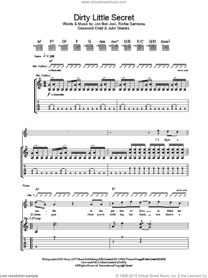 Dirty Little Secret sheet music for guitar (tablature) by Bon Jovi, Desmond Child, John Shanks and Richie Sambora, intermediate skill level