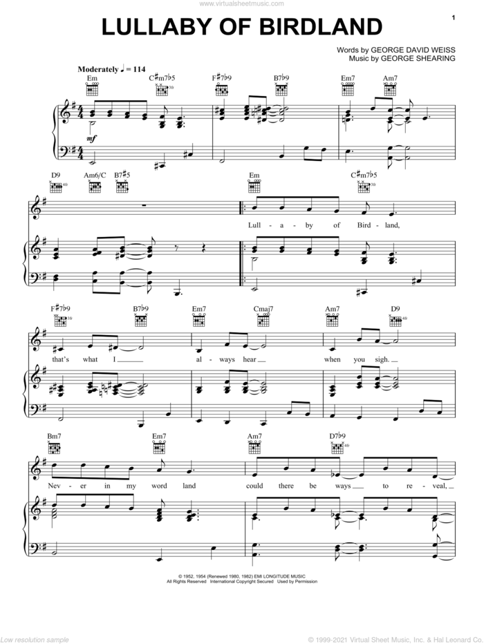 Lullaby Of Birdland sheet music for voice, piano or guitar by George Shearing, Ella Fitzgerald, Mel Torme, Sarah Vaughan and George David Weiss, intermediate skill level
