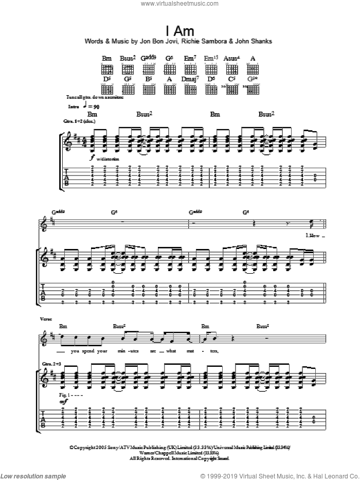 I Am sheet music for guitar (tablature) by Bon Jovi, John Shanks and Richie Sambora, intermediate skill level