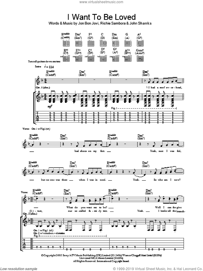 I Want To Be Loved sheet music for guitar (tablature) by Bon Jovi, John Shanks and Richie Sambora, intermediate skill level