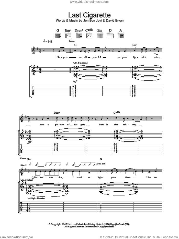 Last Cigarette sheet music for guitar (tablature) by Bon Jovi and David Bryan, intermediate skill level