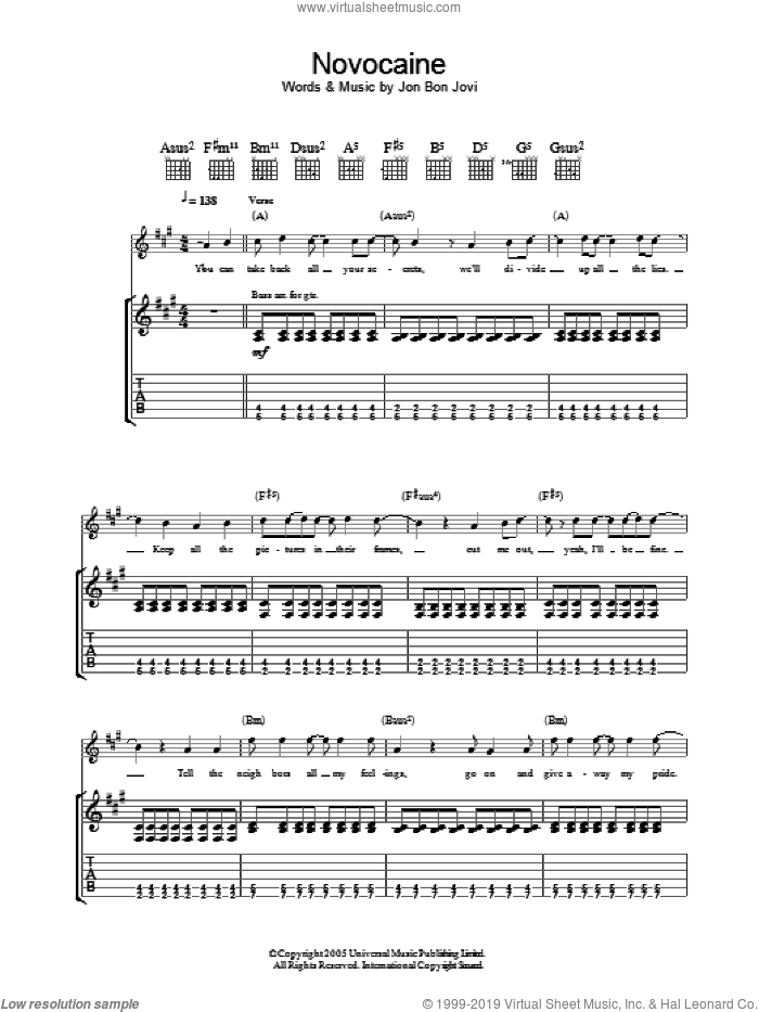Novocaine sheet music for guitar (tablature) by Bon Jovi, intermediate skill level