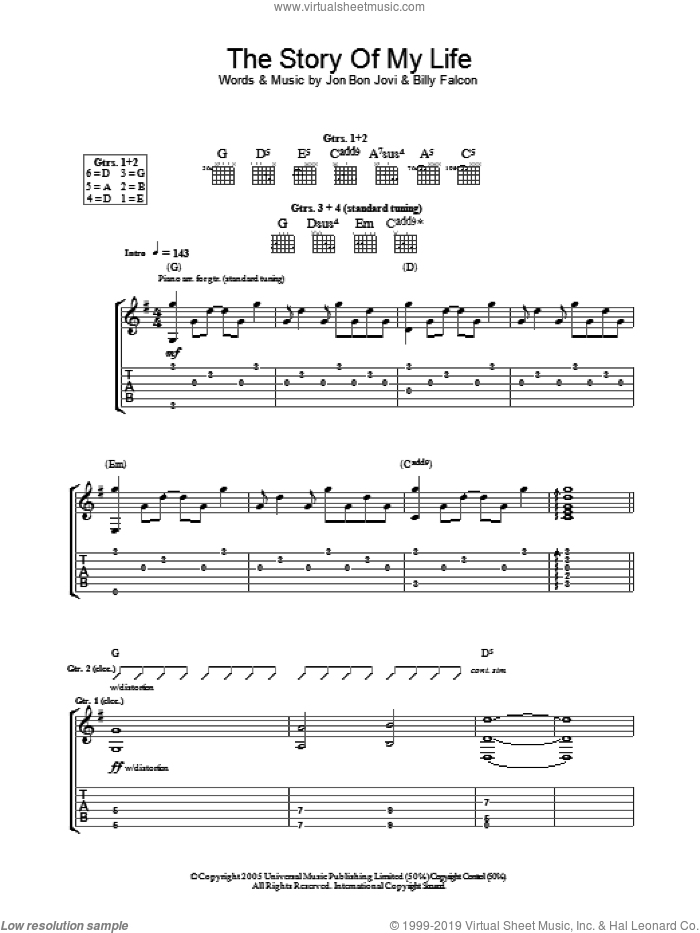 Story Of My Life sheet music for guitar (tablature) by Bon Jovi and Billy Falcon, intermediate skill level