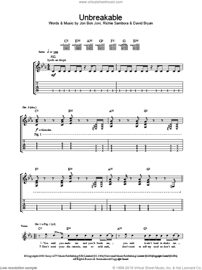 Unbreakable sheet music for guitar (tablature) by Bon Jovi, David Bryan and Richie Sambora, intermediate skill level