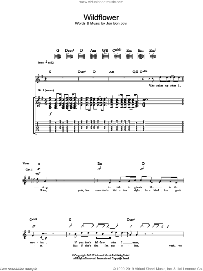 Wildflower sheet music for guitar (tablature) by Bon Jovi, intermediate skill level
