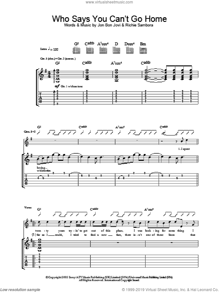 Who Says You Can't Go Home sheet music for guitar (tablature) by Bon Jovi and Richie Sambora, intermediate skill level