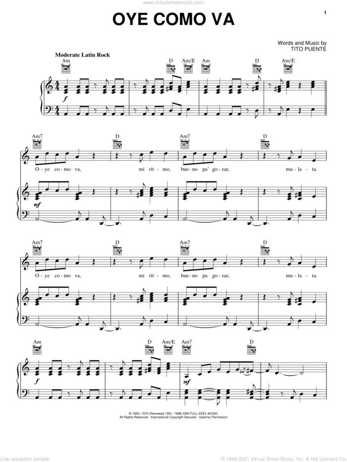 Oye Como Va sheet music for voice, piano or guitar by Tito Puente, Carlos Santana and Percy Faith, intermediate skill level