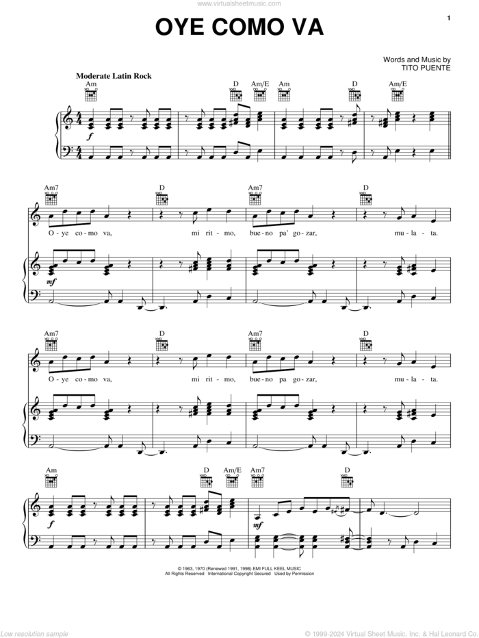 Oye Como Va sheet music for voice, piano or guitar by Tito Puente, Carlos Santana and Percy Faith, intermediate skill level