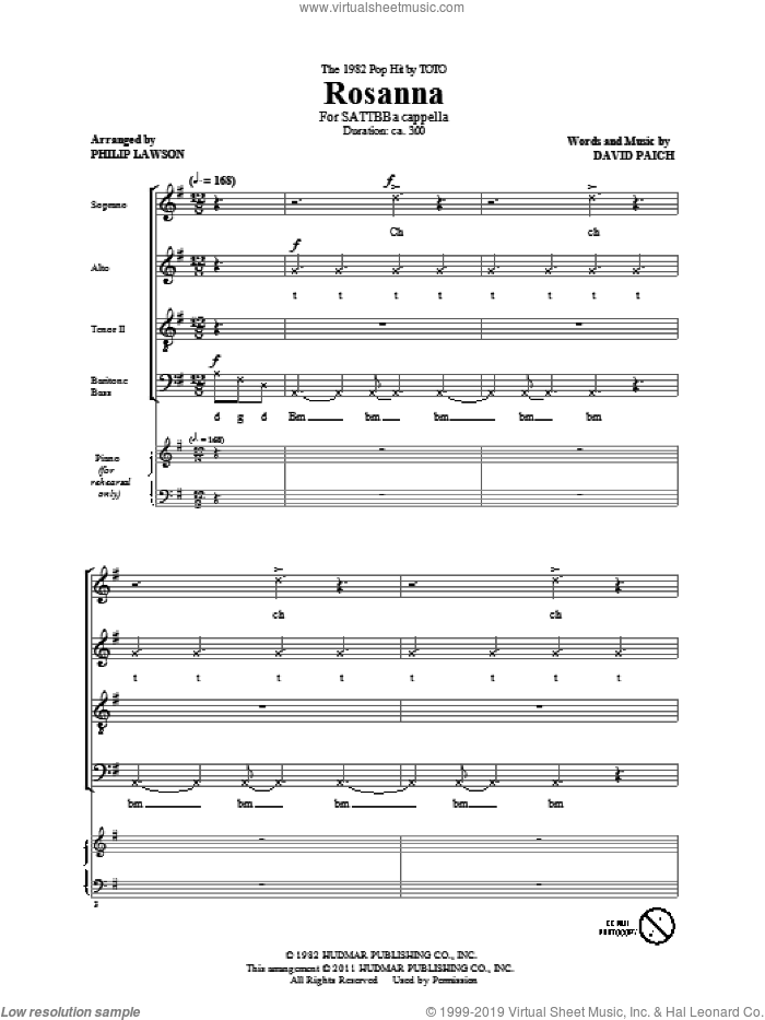 Rosanna (arr. David Lawson) sheet music for choir (SATTBB) by Philip Lawson, David Paich and Toto, intermediate skill level