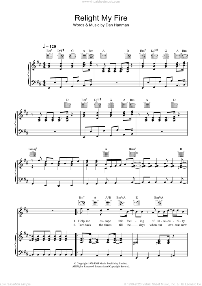 Relight My Fire sheet music for voice, piano or guitar by Take That and Dan Hartman, intermediate skill level