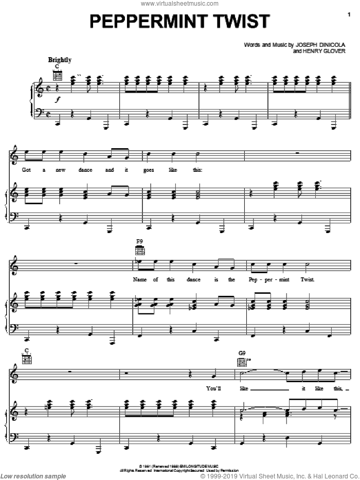 Peppermint Twist sheet music for voice, piano or guitar by Joey Dee & The Starliters, Henry Glover and Joseph DiNicola, intermediate skill level
