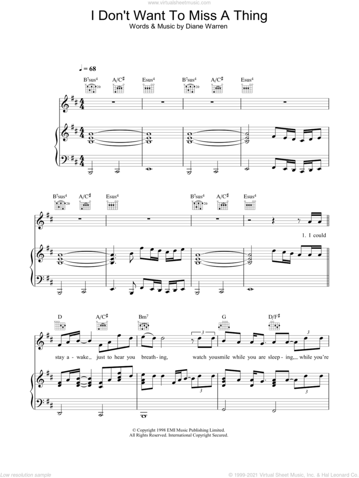 I Don't Want To Miss A Thing sheet music for voice, piano or guitar by Aerosmith and Diane Warren, intermediate skill level
