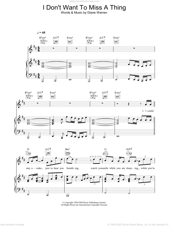 I Don't Want To Miss A Thing sheet music for voice, piano or guitar by Aerosmith and Diane Warren, intermediate skill level