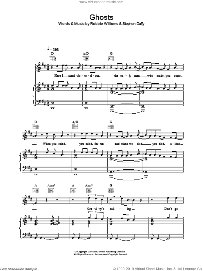 Ghosts sheet music for voice, piano or guitar by Robbie Williams and Stephen Duffy, intermediate skill level