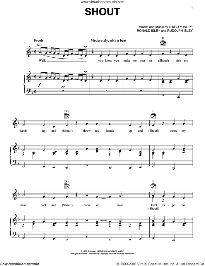 Shout sheet music for voice, piano or guitar by The Isley Brothers, Billy Joel, O Kelly Isley, Ronald Isley and Rudolph Isley, intermediate skill level
