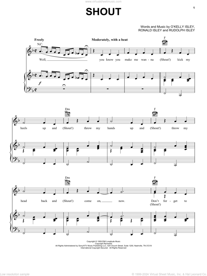 Shout sheet music for voice, piano or guitar by The Isley Brothers, Billy Joel, O Kelly Isley, Ronald Isley and Rudolph Isley, intermediate skill level