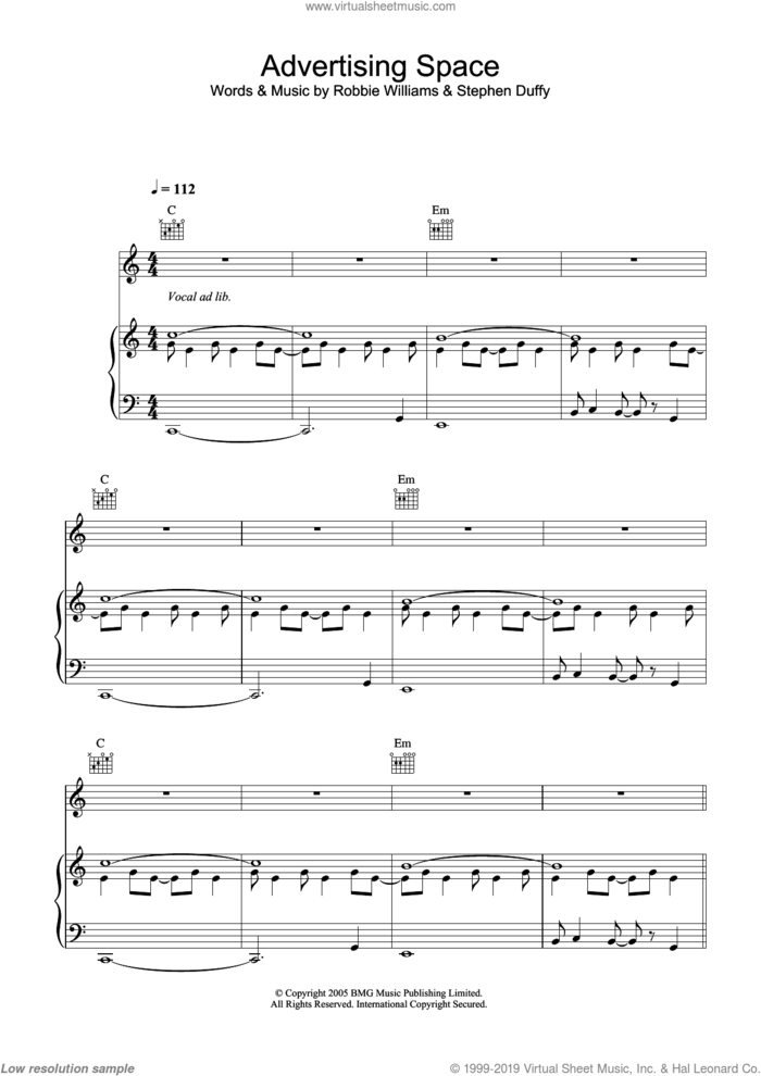 Advertising Space sheet music for voice, piano or guitar by Robbie Williams and Stephen Duffy, intermediate skill level