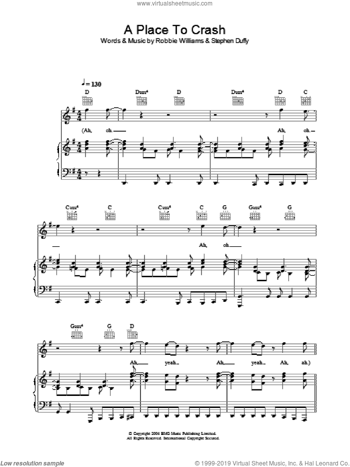 A Place To Crash sheet music for voice, piano or guitar by Robbie Williams and Stephen Duffy, intermediate skill level
