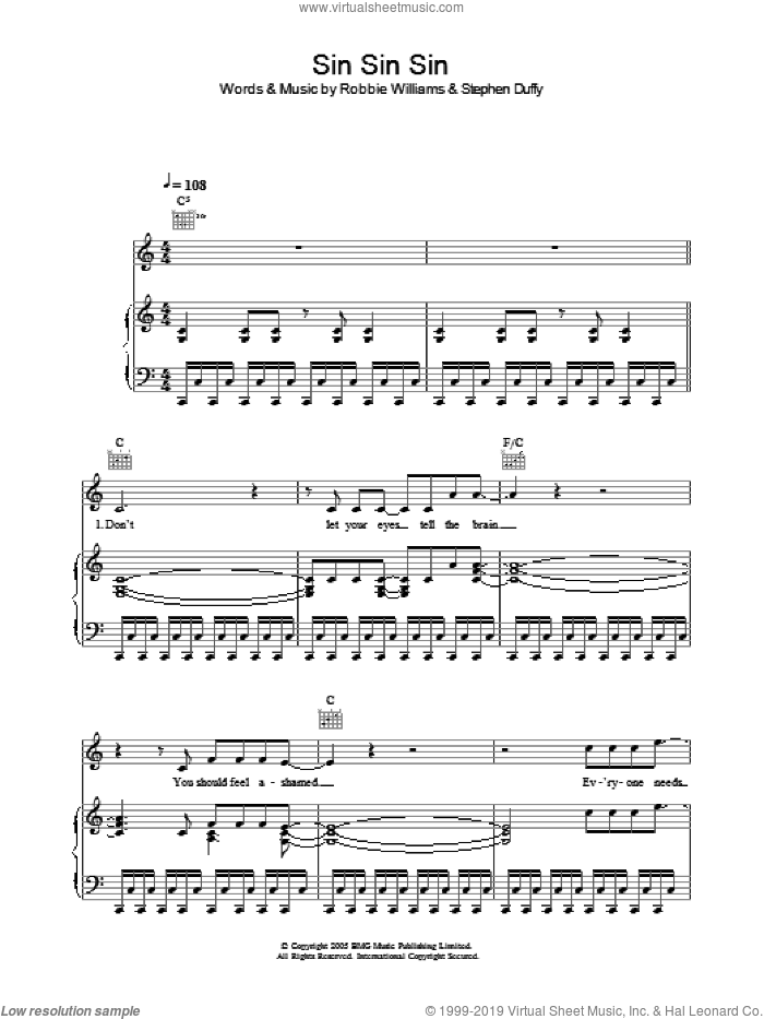 Sin Sin Sin sheet music for voice, piano or guitar by Robbie Williams and Stephen Duffy, intermediate skill level