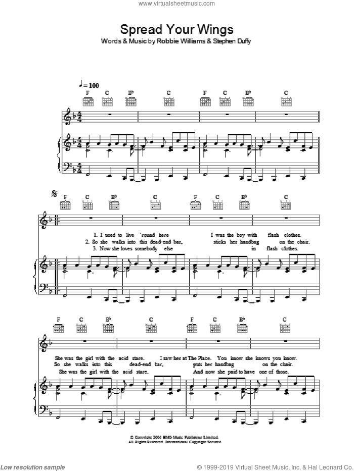 Spread Your Wings sheet music for voice, piano or guitar by Robbie Williams and Stephen Duffy, intermediate skill level