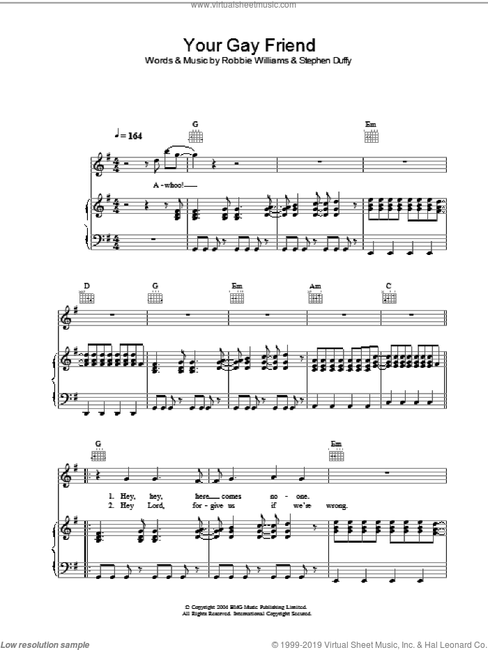 Your Gay Friend sheet music for voice, piano or guitar by Robbie Williams and Stephen Duffy, intermediate skill level
