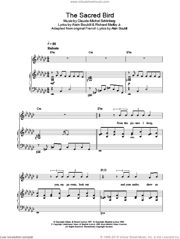 The Sacred Bird (from Miss Saigon) sheet music for voice, piano or guitar by Alain Boublil, Claude-Michel Schonberg and Richard Maltby, Jr., intermediate skill level