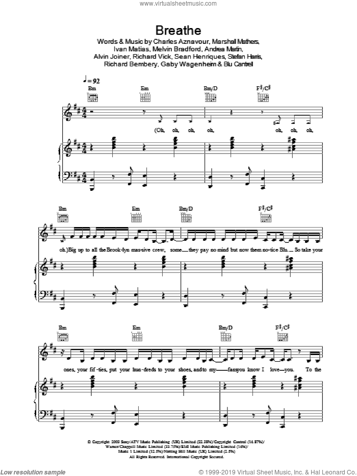 Breathe sheet music for voice, piano or guitar by Blu Cantrell, Alvin Joiner, Andrea Martin, Charles Aznavour, Gaby Wagenheim, Ivan Matias, Marshall Mathers, Melvin Bradford, Richard Bembery, Richard Vick, Sean Henriques and Stefan Harris, intermediate skill level