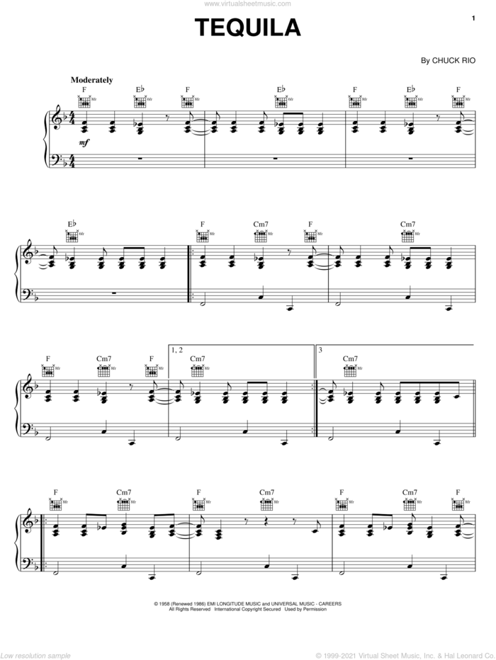 Tequila sheet music for voice, piano or guitar by The Champs and Chuck Rio, intermediate skill level