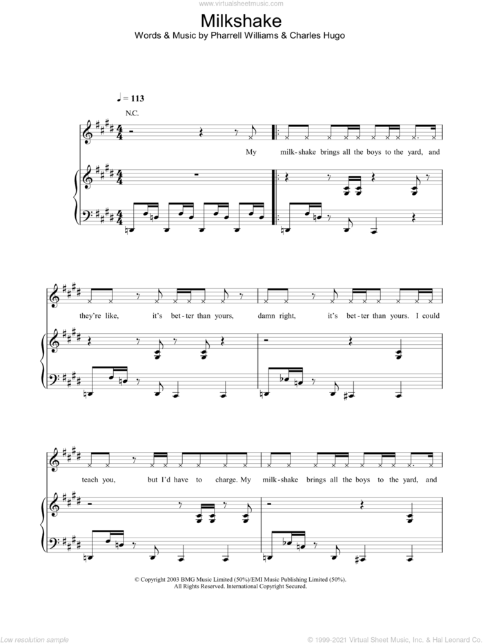 Milkshake sheet music for voice, piano or guitar by Kelis, Charles Hugo and Pharrell Williams, intermediate skill level