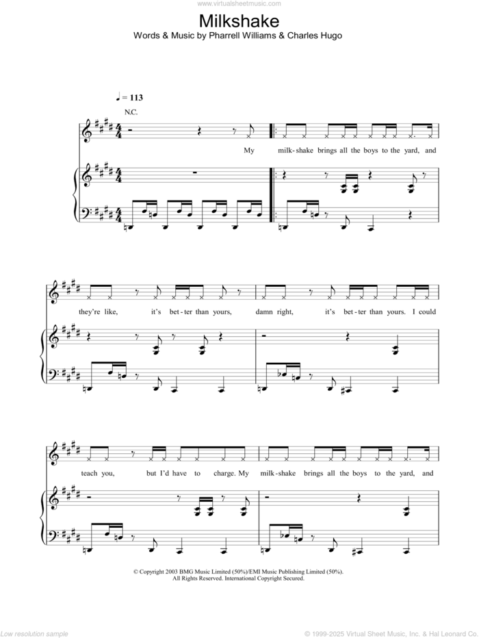 Milkshake sheet music for voice, piano or guitar by Kelis, Charles Hugo and Pharrell Williams, intermediate skill level