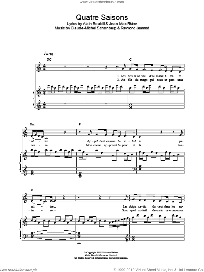 Quatre Saisons Pour Un Amour (from La Revolution Francaise) sheet music for voice, piano or guitar by Alain Boublil, Claude-Michel Schonberg, Jean-Max Riviere and Raymond Jeannot, intermediate skill level