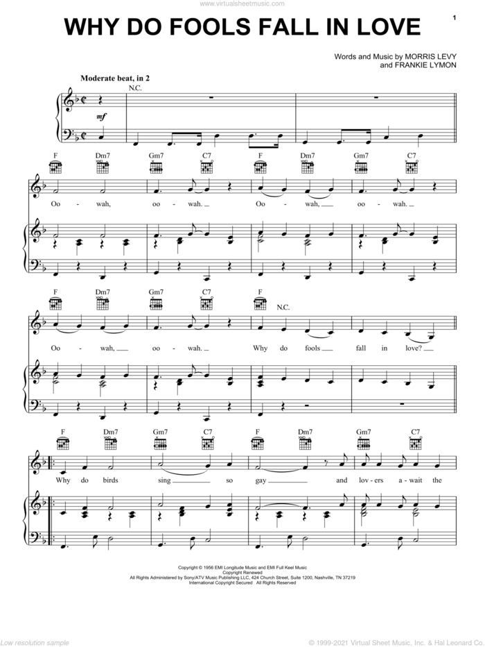 Why Do Fools Fall In Love sheet music for voice, piano or guitar by Frankie Lymon & The Teenagers, Diana Ross, The Teenagers, Frankie Lymon and Morris Levy, intermediate skill level