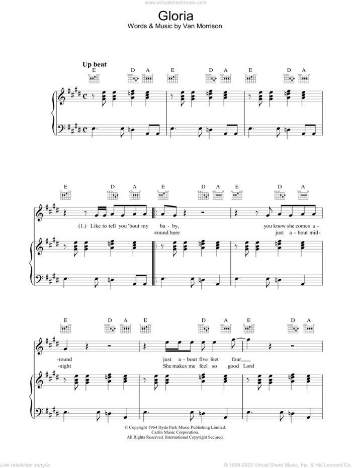 Gloria sheet music for voice, piano or guitar by Van Morrison, intermediate skill level