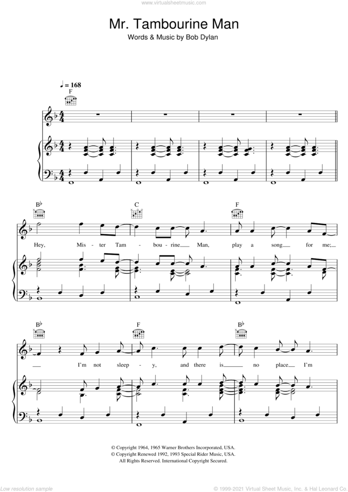 Mr. Tambourine Man sheet music for voice, piano or guitar by Bob Dylan, intermediate skill level