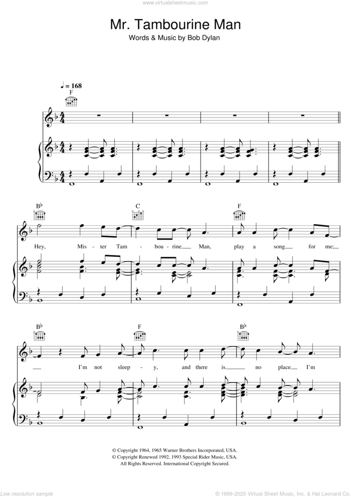 Mr. Tambourine Man sheet music for voice, piano or guitar by Bob Dylan, intermediate skill level