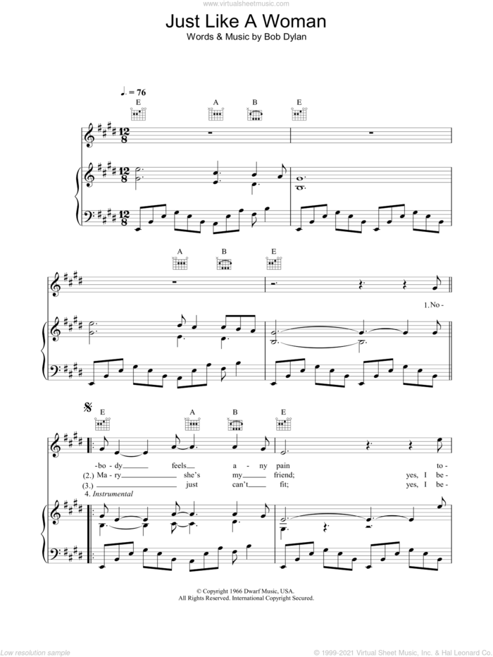 Just Like A Woman sheet music for voice, piano or guitar by Bob Dylan, intermediate skill level