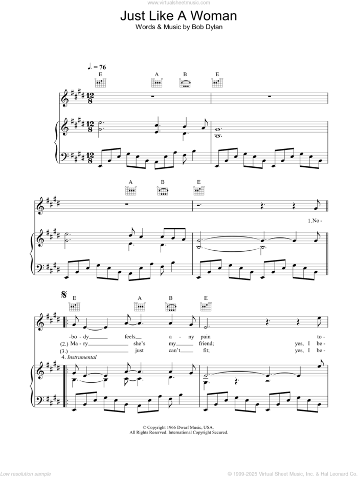 Just Like A Woman sheet music for voice, piano or guitar by Bob Dylan, intermediate skill level