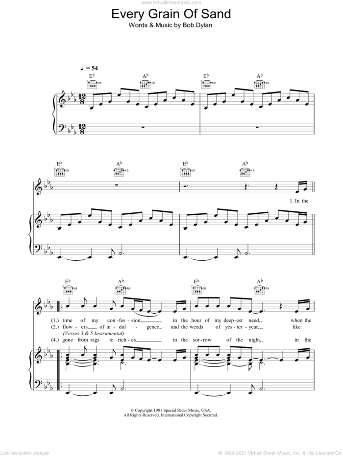 Every Grain Of Sand sheet music for voice, piano or guitar by Bob Dylan, intermediate skill level