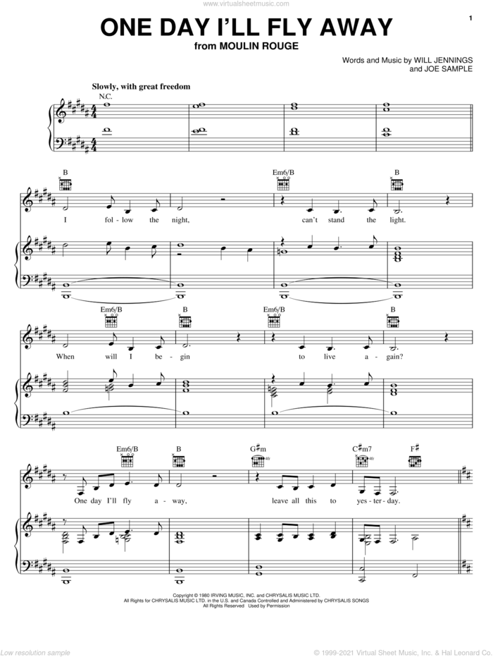 One Day I'll Fly Away (from Moulin Rouge) sheet music for voice, piano or guitar by Nicole Kidman, Moulin Rouge (Movie), Randy Crawford, Joe Sample and Will Jennings, intermediate skill level