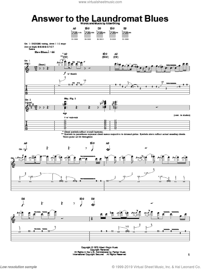 Answer To The Laundromat Blues sheet music for guitar (tablature) by Albert King, intermediate skill level