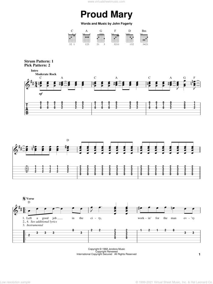 Proud Mary, (easy) sheet music for guitar solo (easy tablature) by Creedence Clearwater Revival, Ike & Tina Turner and John Fogerty, easy guitar (easy tablature)