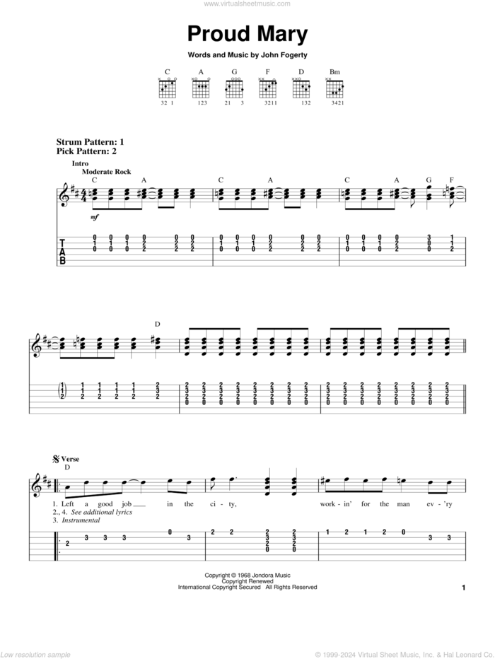 Proud Mary, (easy) sheet music for guitar solo (easy tablature) by Creedence Clearwater Revival, Ike & Tina Turner and John Fogerty, easy guitar (easy tablature)