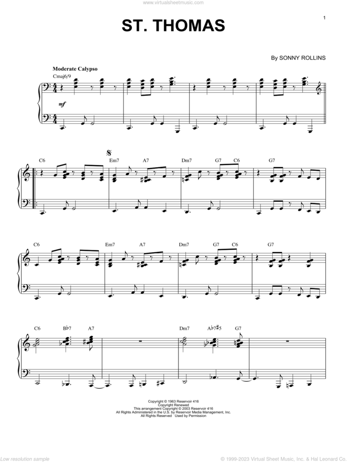 St. Thomas sheet music for piano solo by Sonny Rollins, intermediate skill level